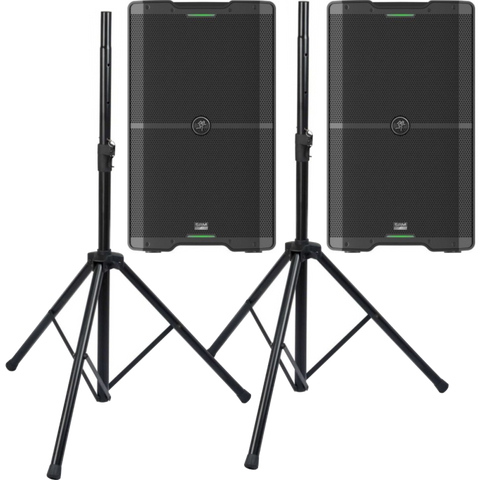 2 Mackie SRM212 12-inch 2000 Watt Bluetooth Speakers with Stands For Rent for only $150.00 per day