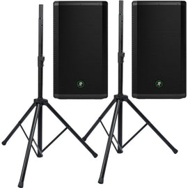 2 Mackie Thrash212 12 1300W Speakers with 2 Speaker Stands for rent, for only $99.99 per day