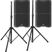 2 Mackie SRM212 12-inch 2000 Watt Bluetooth Speakers with Stands For Rent