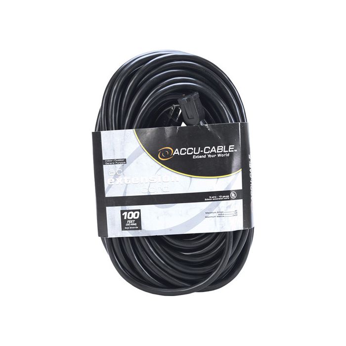 American DJ Accu-Cable 3-Wire Edison AC Extension Cord (12 AWG, Black, 100')