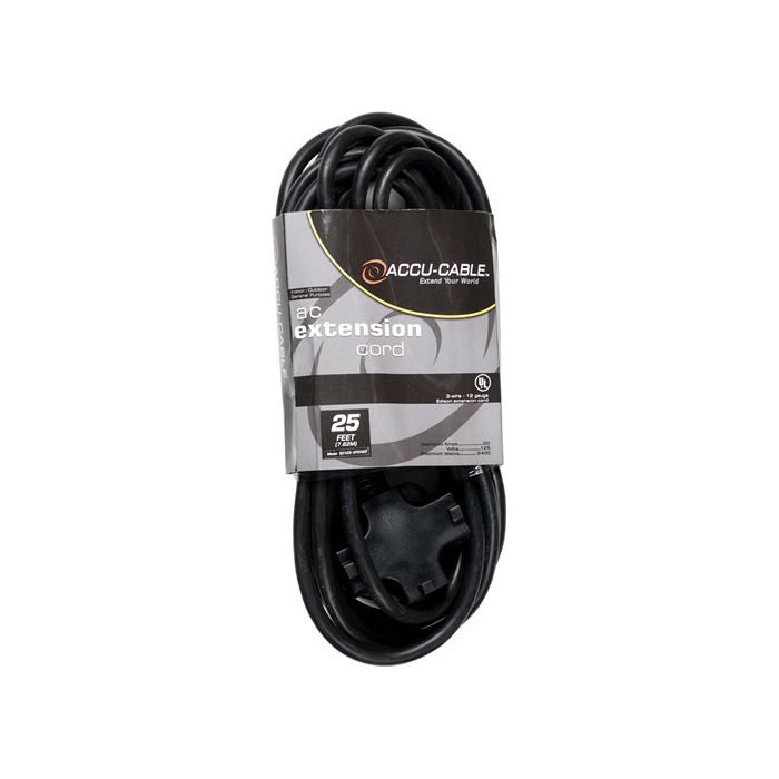 American DJ Accu-Cable 3-Wire Edison AC Extension Cord with Three Plugs (12 AWG, Black, 25')