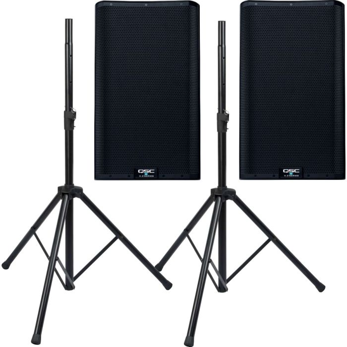 2 QSC K12.2 12" 2000W POWERED SPEAKERS With 2 Stands for Rent