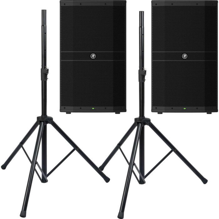 2 Mackie DRM212 12 inch Powered Speakers with Stands For Rent